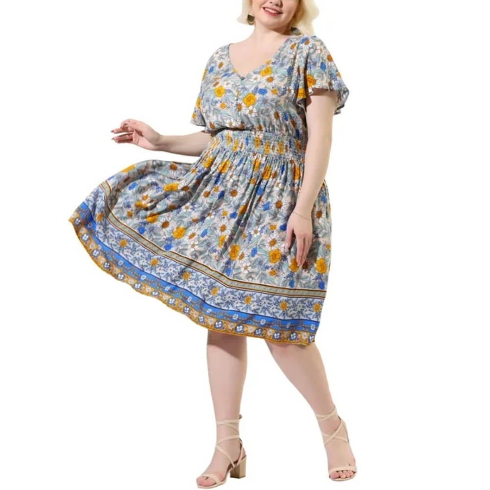 Plus Size Summer Floral Boho Classy Smocked Midi Dress 1X